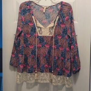 -Matilda Jane bright floral lace detail boho popover blouse with tassels